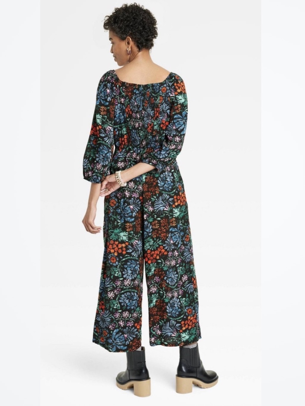 Knox Rose Black Botanical Print Boho 100% Rayon Wide-Leg Jumpsuit - Picture 2 of 15